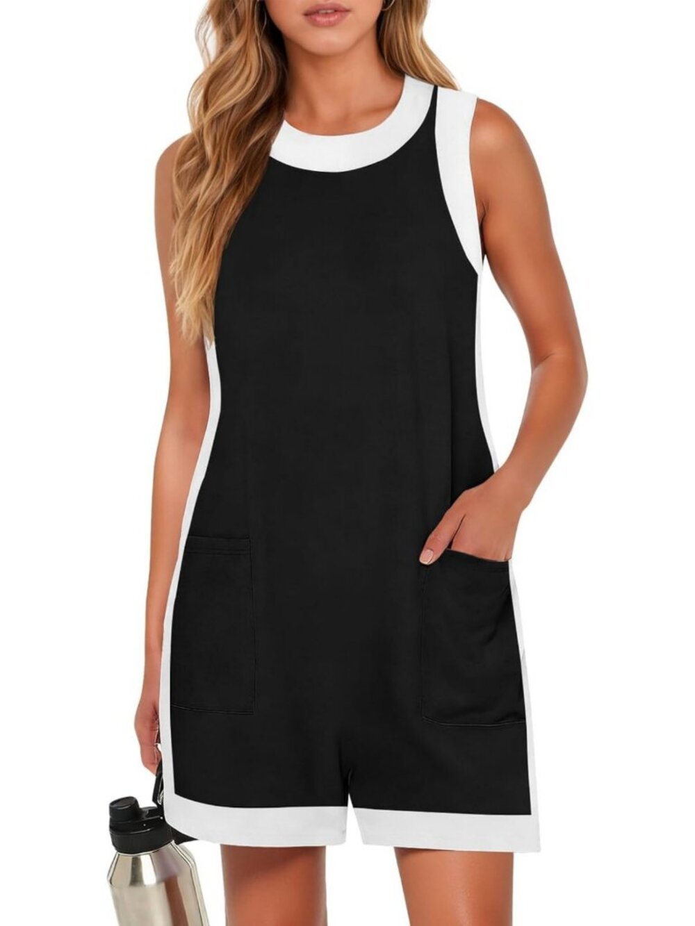 Yousify Women's Summer Casual Rompers Color Block Sleeveless Overalls